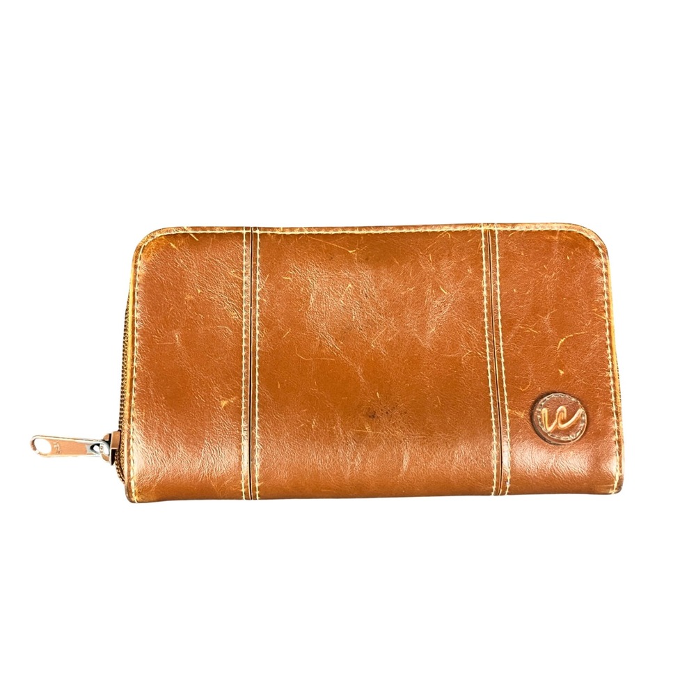 LC Cognac Brown Faux Leather Zip Around Bifold Organizer Wallet with ID Windows